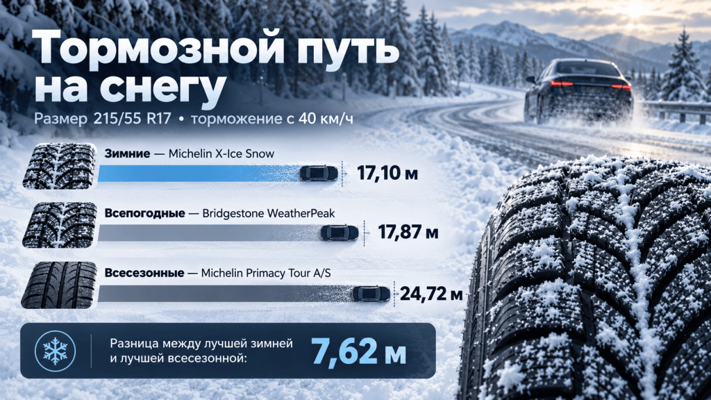 Как зимние и всесезонные шины тормозили на снегу