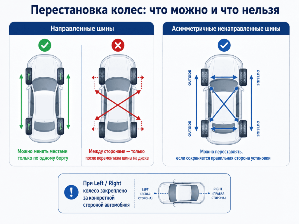Как переставлять направленные и асимметричные колеса
